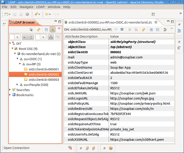 Screenshot of OpenID Connect client registration LDAP
entry