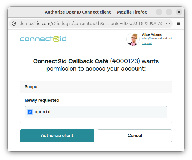 Connect2id server login page showing a profile picture retrieved by LdapAuth