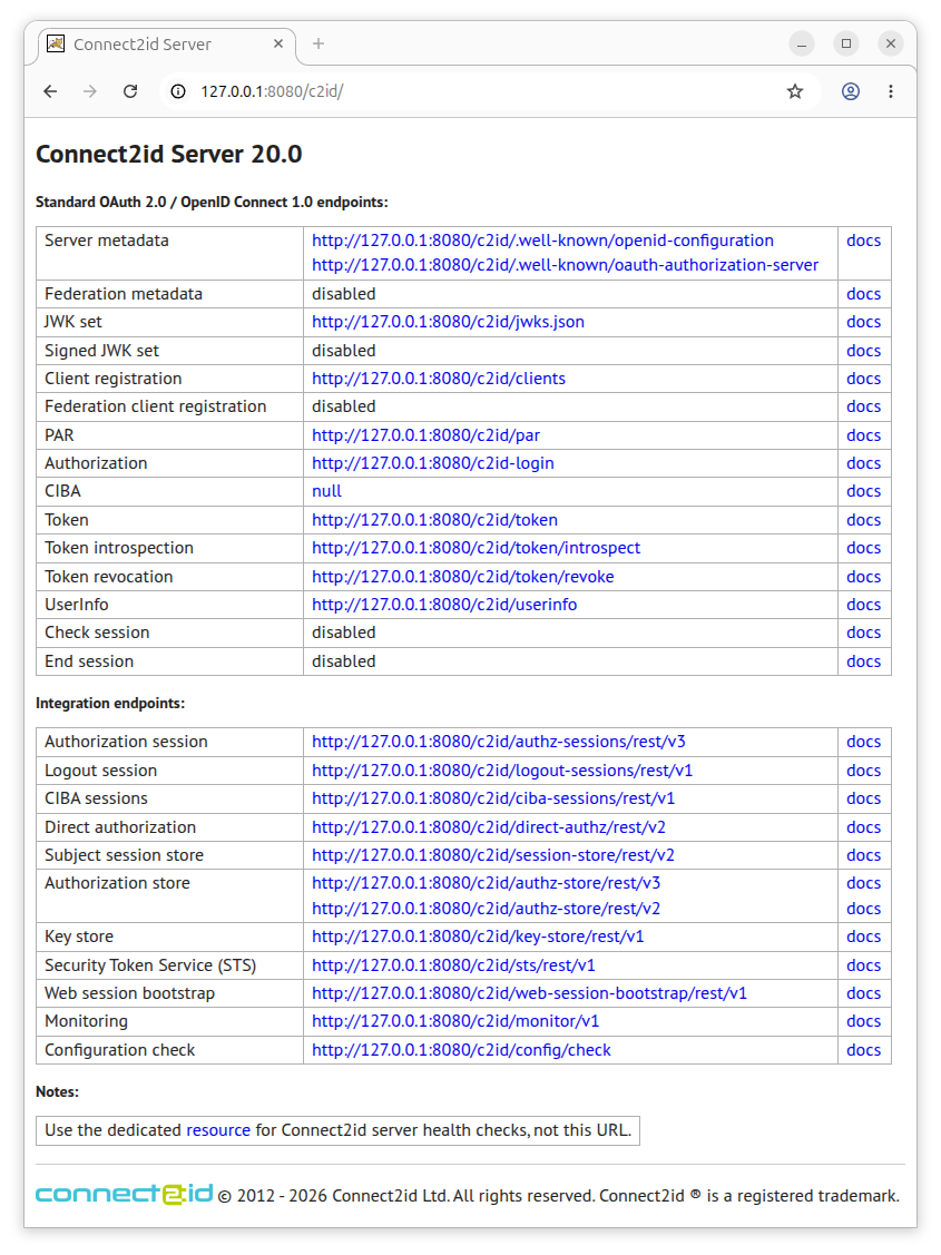 Connect2id server index page